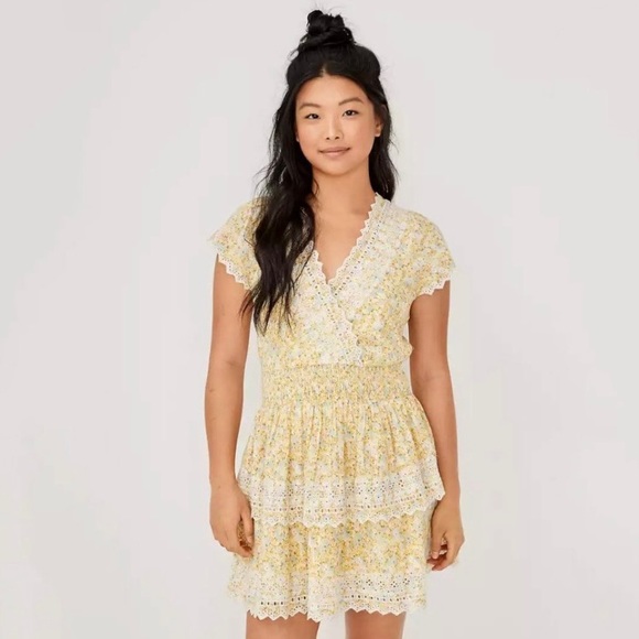 American Eagle Outfitters Dresses & Skirts - American Eagle Garden Party Yellow Floral Tiered Ruffle Embroidered Linen Dress